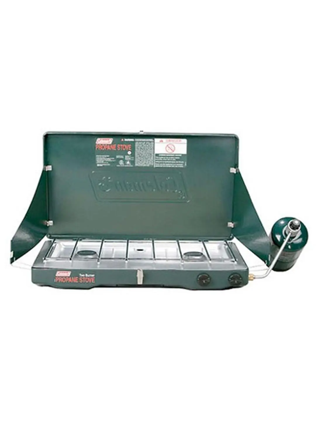 Coleman 2000020943 Heavy-Duty Dual-Burner Propane Stove, Portable Camp Kitchen for Camping & Hiking, Adjustable Heat, 10,000 BTU Burners, Removable Grate, High Pressure Regulator, Wind Baffles, 10.05 lbs, 22.13L x 4.13W x 13.75H in