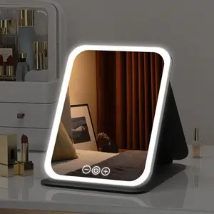 Makeup mirror with 3-color dimmable touch screen color light, portable foldable LED illuminated makeup mirror, rechargeable travel makeup mirror, desktop LED foldable makeup mirror, birthday gift, Christmas gift, Adjustable Led Mi