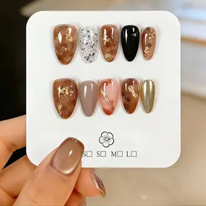 10 Pcs Handmade Short Nail Tips, Fashion Nail Art Accessories, Foil, Amber Marble Gradient, Reusable, Easy Application, Party & Wedding Ready