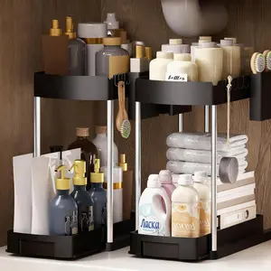 Under-Sink Storage Organizer (2-Piece Set) — 2-Tier Multi-Functional Shelf for Bathroom & Kitchen, Featuring Sliding Cabinet Drawers, Includes Hooks and Storage Cups