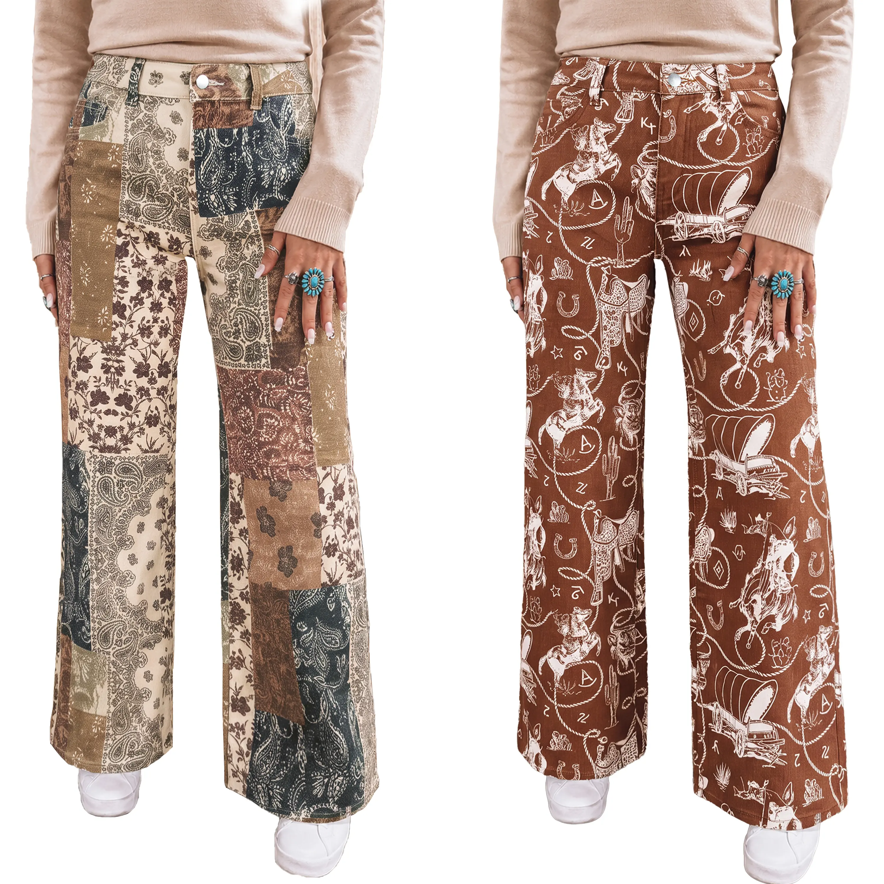 Women's Printed Flare Jeans, High Waist Patchwork & Western Cowboy Print Casual Denim Flared Trousers with Pockets