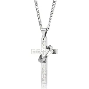 Stainless Steel Cross Necklace for Men & Women, Silver Color Chain Jewelry, 24 Inches Lords Prayer Pendant Accessory, Fashion Jewelry Accessories