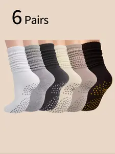 Women's Yoga Mid-Calf Elastic Socks, Anti-Slip Pilates Fitness Sports Socks, Indoor Jump Rope Dance Training Floor Socks, 6 Pairs Pack