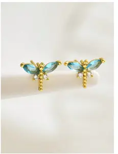 1 Pair 18K Gold Plated Stainless Steel Dragonfly Stud Earrings – Cute Rhinestone Design, Women's Jewelry for Party, Date & Work