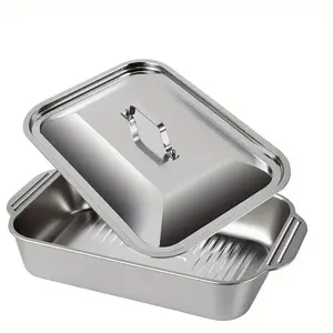 2/3-Piece Stainless Steel Baking Pan Set - Large-Capacity, Heavy-Duty Fish Baking Pan; Home and Commercial BBQ Pan; Seafood and BBQ Buffet Tray; Multi-Functional Cooking Tray for Family Gatherings; High-Temperature-Resistant Kitchen Food Storage Tray