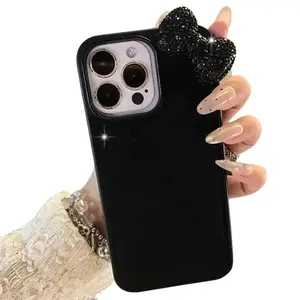 Glitter 3D Bowknot Diamond Case for iPhone 16 15 13 12 14 11 Pro Max Plus Mini X XR Korean Soft Cover with Black Shell Protection Shockproof Cellphone Protective Casing Protector Screen Protector Smartphone