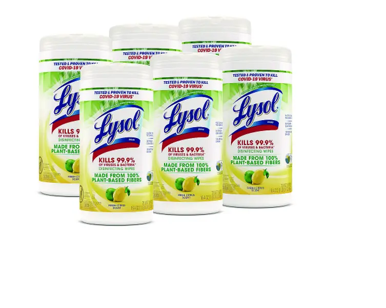Lysol Household Disinfecting Wipes - Fresh Citrus Scent, Antimicrobial, Naturally Derived Eco-Friendly Home Cleaner, Appliance Disinfection, All Seasons Use for Business, 70 Wipes Per Canister, 6 Cans Pack (49128CT), Plant-Based