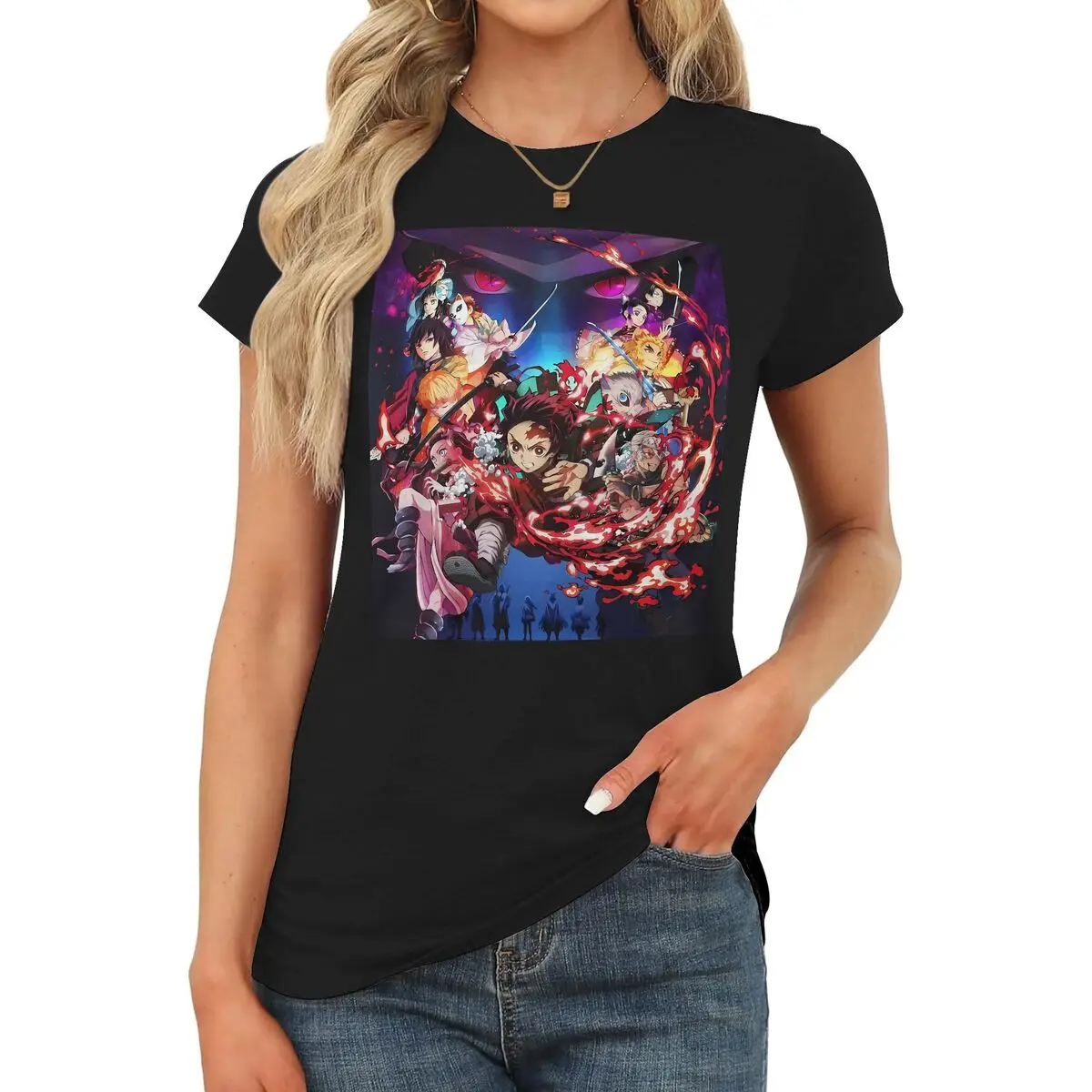 Women's Demon Slayer Graphic T-Shirt - Short-Sleeve Round Neck Cotton-Blend Top, Cute Slim-Fit Baby Tee for Birthday, Teacher, Party, Simple Casual Wear, Shortsleeve, Style, Graphic Print, Thanksgiving, Easter, Tshirt, Valentines Day