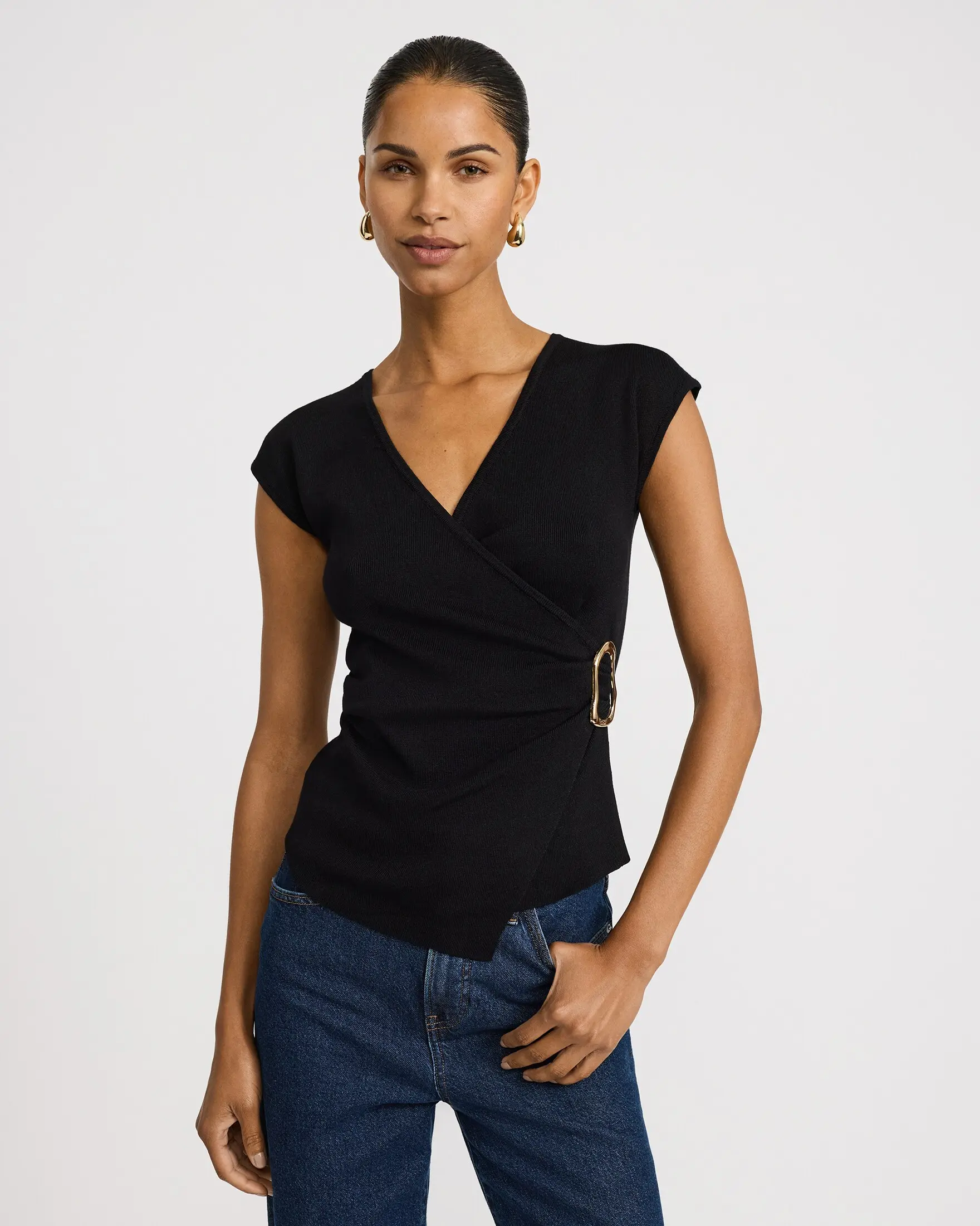 Express V-Neck Short Sleeve Gold Hardware Surplice Top, Wrap, Casual, Chic, Jeans, Viscose