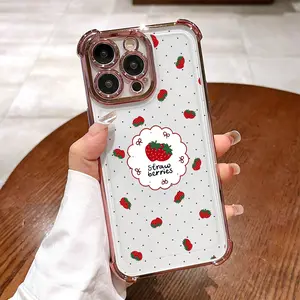 Cute Strawberry Pattern Phone Case , Electroplated Cover with Airbag Shockproof Slim Soft TPU Cover for iPhone 11 12 13 14 15 16 Pro Max Plus Summer
