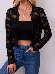 Elegant Women's Long Sleeve Sheer Lace Cardigan Jacket, Stylish Lightweight Outerwear for Fall & Winter, Versatile Layering Top