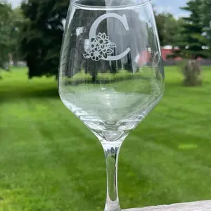 Hand Etched Wine Glass with C Monogram - Elegant Design for Wine Enthusiasts