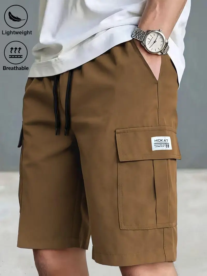 Men’s lightweight, breathable cargo shorts with elastic drawstring waist and multiple pockets—casual work shorts for summer, quick-drying outdoor knee-length shorts