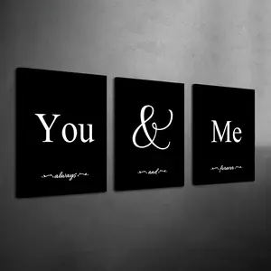 3pcs Modern Minimalist Wooden Framed Black and White You And Me Words Canvas Poster - Couple Wall Art Painting for Bedroom Living Room -, Decorative Artwork, Wall Decor, Ready To Hang