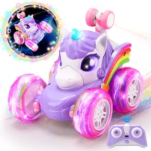 Unicornios Remote Control Car with LED Lights, 360°Rotating 4WD Stunt RC Cars for Girls, 2.4GHz One-Click Demo Double Sided Rechargeable Car Toys Birthday for Girls Toddlers Kids