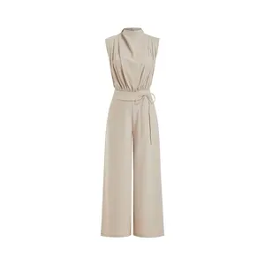 Cider High Neck Ruched Belted Wide Leg Jumpsuit