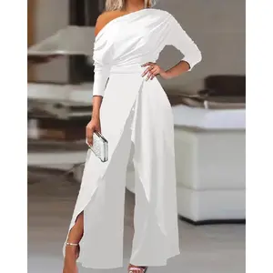 Women’s plain ruched wrap jumpsuit with split hem; elegant wide-leg jumpsuit for dating and everyday wear; women’s overalls; ladies’ clothing for all seasons; basic chic white jumpsuit with fitted sleeves
