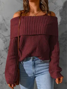 Red Ribbed Knit Foldover Off Shoulder Sweater