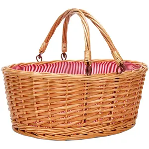 Wicker Picnic Basket with Double Folding Handles, Natural Large Willow Hamper Empty Basket Cheap Easter Eggs Candy Storage Wine Basket for Toy, Flower, Wedding（Red 16inch）
