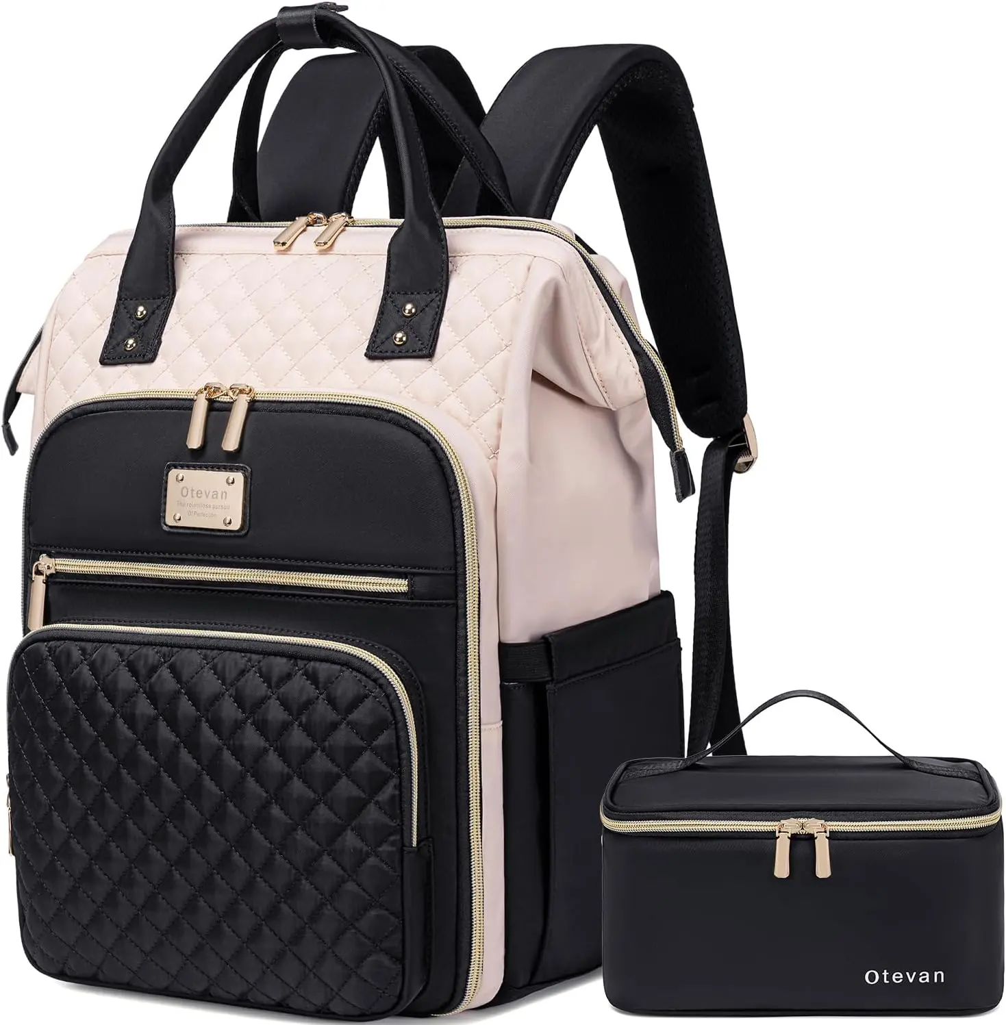 Otevan Lunch Backpack for Women, 15.6 inch Laptop Backpack for Women, Work Backpack with Lunchbox,Insulated Backpack Cooler,Teacher Nurse Travel Backpack for Women, Beige/Black, 24009