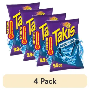 Takis Blue Heat 9.9 oz Sharing Size Bag 4 Pack Hot Chili Pepper Rolled Tortilla Chips Crunchy Snack for Parties BBQs Extreme Spice Challenge Corn Crispy