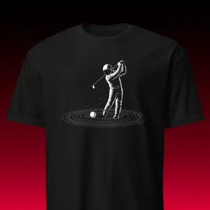 Men's astronaut playing golf in space Graphic T-Shirt - Short Sleeve Crew Neck Regular Fit Casual Wear | Soft & Breathable Fabric, Durable Print, Everyday Comfort, Machine Washable, minimalist and sci-fi inspired an astronaut in a spacesuit swinging a