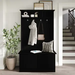 Elma Entryway Hall Tree with Bench – Timeless Storage Solution with Double Hooks and Cabinet Doors