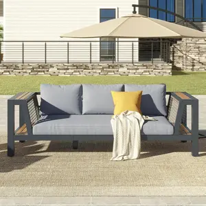 AMERLIFE Outdoor Sofa Aluminum Patio Furniture Set with Wide Storage Armrest & Rattan Mesh Side Panels, 3/6 Seat Rust-Proof All-Weather Patio Couch with 4.7-inch Thick Cushion