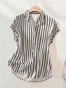 Women's and Striped Waist-Cropped Short Sleeve Shirt, Elegant Office Wear, Slim Fit Collared Blouse, Summer New Arrival