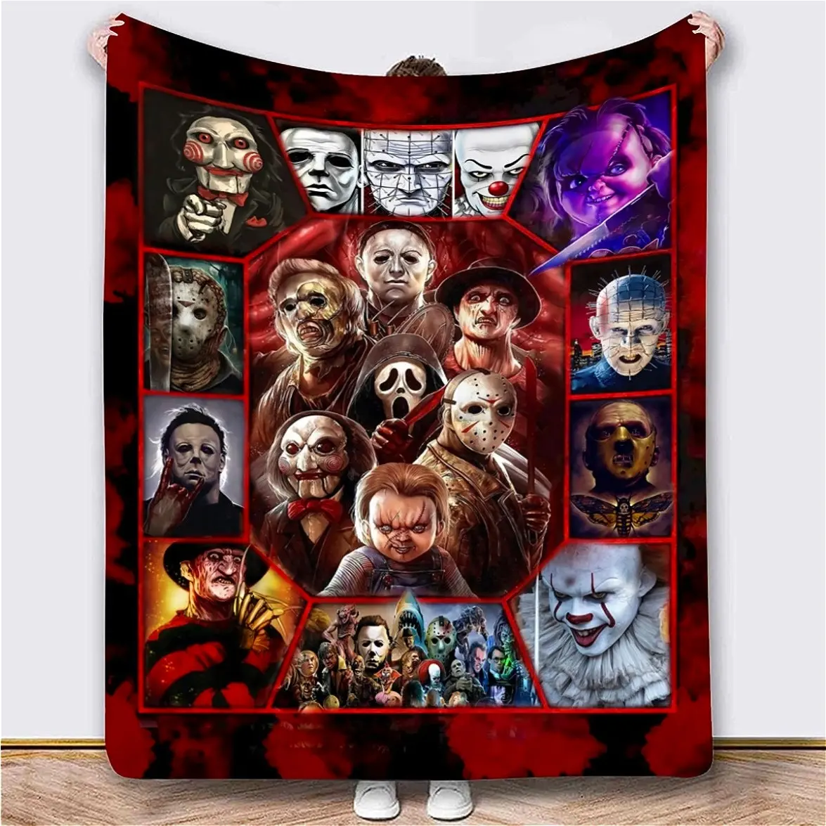 Cartoon Horror Theme Flannel Cozy Blanket - Soft Fluffy 50x60in Polyester Throw for Horror Fans, Soft Fluffy Blanket