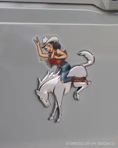 Brunette Cowgirl Bronco Bombshell — Bucking Emblem Vinyl Decal (Pin-Up Edition)