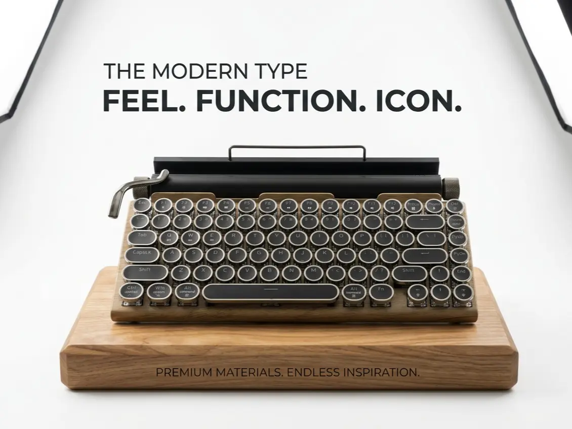 Adventurers Typewriter-Style Retro Mechanical Keyboard LED Backlight 83 Keys Bluetooth 5.0 Blue Axis Wood Color Panel Compatible with iOS/Android/Windows/Vista/Linux/Mac Office/Gaming, 12.8x6.6x1.6in
