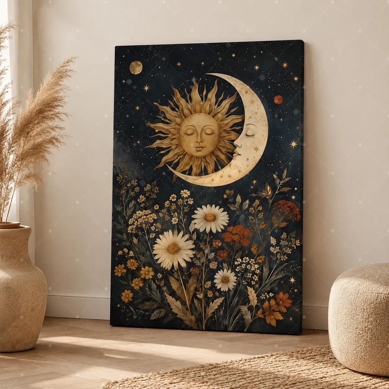 Celestial Sun Moon Canvas Wall Art, Vintage Floral Night Sky Poster,  Mystical Botanical Wall Decor, Dark  Bedroom Living Room Art, Unframed Canvas Poster or Framed Canvas ,wall decor,poster.