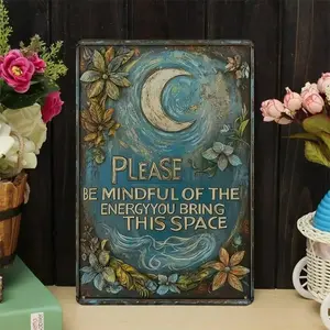 1PC Moon And Plants Tin Sign, Mindfulness Quote Wall Art, 2D Flat Design, Spiritual Home Decor, Vintage Meditation Art, Ideal For Bedroom, Meditation Room & Living Room, 8x12 Inches / 20x30 Cm