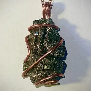 Pyrite Raw Crystal Pendant wrapped in pure copper, on a rose gold plated copper necklace.