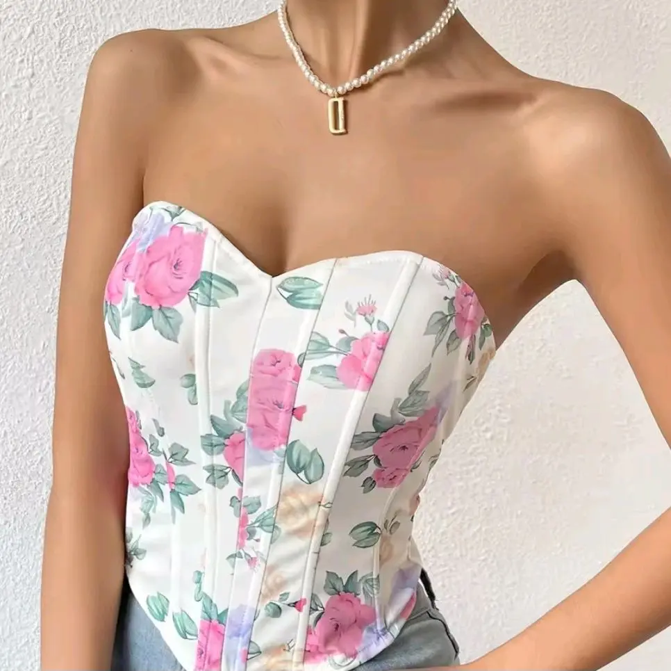 Eugie Corset Top with Floral Pattern and Pearl Necklace