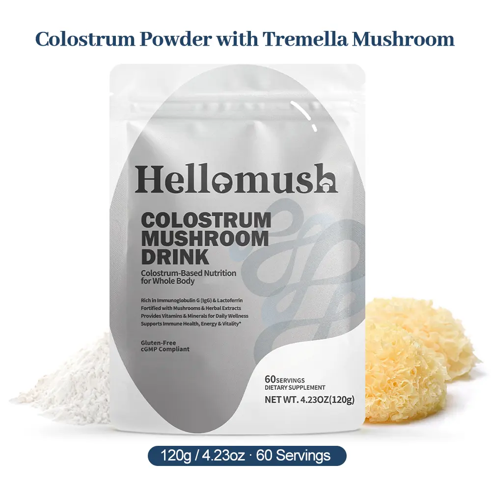 Hellomush Premium Organic Grass Fed Bovine Colostrum Powder with Tremella Mushroom - Pure Raw Colostrum Supplement for Women and Men for Gut Health, Immunity, Skin & Hair 4.23 oz 60 Servings