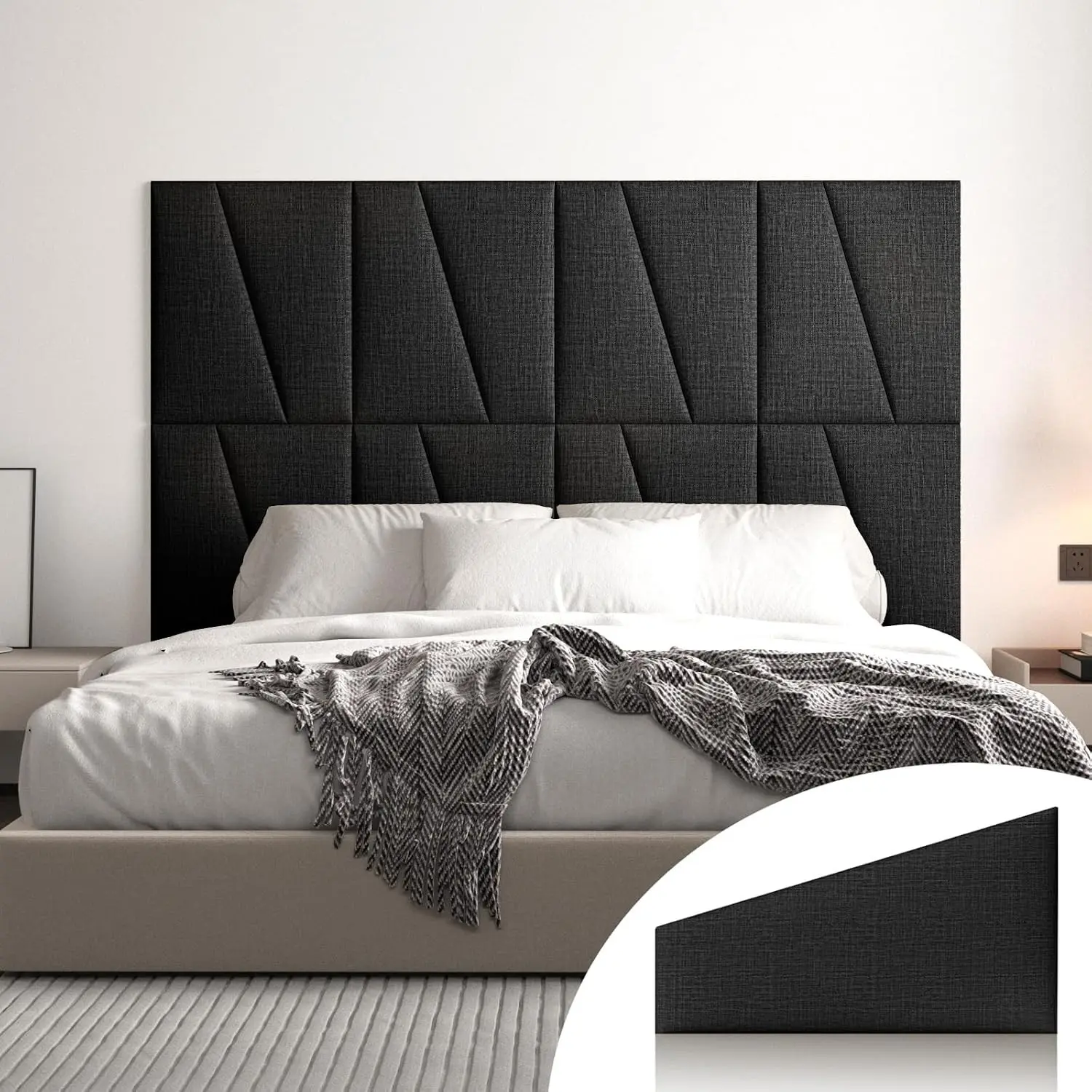 Peel and Stick Headboard for Twin Bed Linen Fabric Upholstered Wall Mounted Headboard - Wall Padding Panel in Black for Bedroom/Living Room/Dorm (4 Panels)