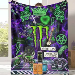 Neon Rock Energy Style Flannel Blanket Electric Green Lightning and Crown Graffiti Print Soft Warm Cozy Lightweight Decorative Plush Throw for Bedroom Living Room Couch Travel Outdoor Camping Party Gift Use