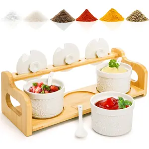10 Pack Sauce Serving Dish, 5 Oz Ceramic Chip Dip Sauce Bowls with Spoons Lids for Party, 3 Condiment Seasoning Jars with Bamboo Tray for Snacks, Appetizers, Sauces