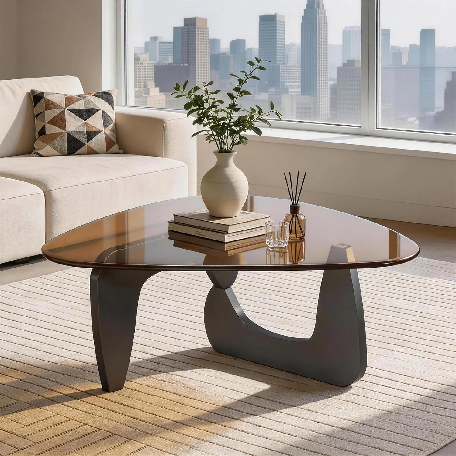 35.8" Modern Glass Coffee Table, Mid-Century Tempered Glass Top Center Table, Rounded Triangle Tabletop for Living Room, Apartment & Small Spaces，Black+Brown