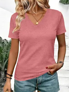 Color Cotton V-Neck Short Sleeve T-Shirt, Casual Fitted Solid Pattern, All Seasons Wear, Comfortable and Stylish