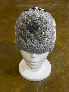 Unisex Hand-crocheted Grey, White and Black Granny Square Beanie