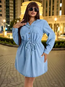 Plus Size Women's Heart Neck Long Sleeve Denim Dress, Drawstring Waist Design for a Flattering Fit, Stylish Casual Wear Basic, Womenswear