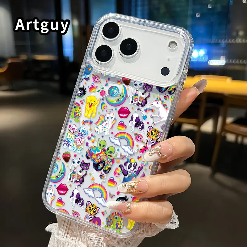 Cute Colorful Fantasy Sticker Phone Case for iPhone 17 16 15 14 13 12 11 Pro Max Plus Air 16e Whimsical Unicorn Rainbow Cartoon Pattern Magnetic Wireless Charging Anti Yellowing Shockproof Transparent Acrylic TPU Cover Gift for Girls