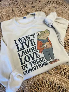 Womenswear Brand I Can't Live Laugh Love in These Conditions T-Shirt - Fitted Long Sleeve Crew Neck Casual Sweatshirt with Frog Emoji Graphic Print for Summer