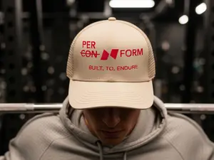 FORM Performance Gym Hat Beige & Red Training Cap - Durable Polyester Structured Fit Breathable Construction Machine Washable with Embroidered Logo