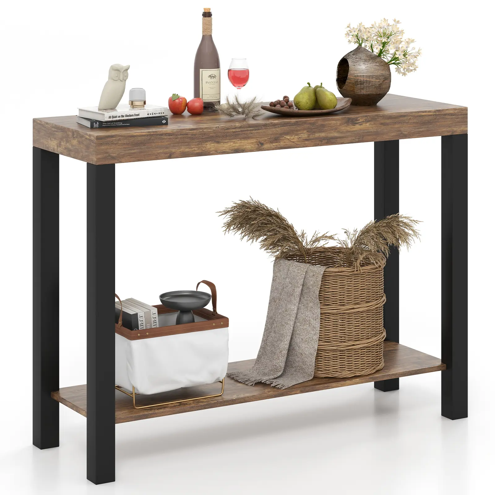 COSTWAY - 2-Tier Home Bar Table with Open Shelves and Storage for Home Kitchen Living Room Pub-Rustic Brown