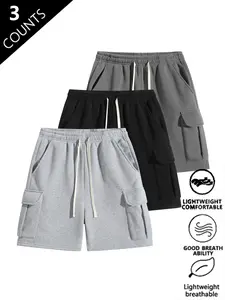 Set of 3 shorts featuring a loose fit, versatile design, side pockets, elastic waistband with drawstring, suitable for outdoor leisure travel, everyday wear, fitness, and running.
