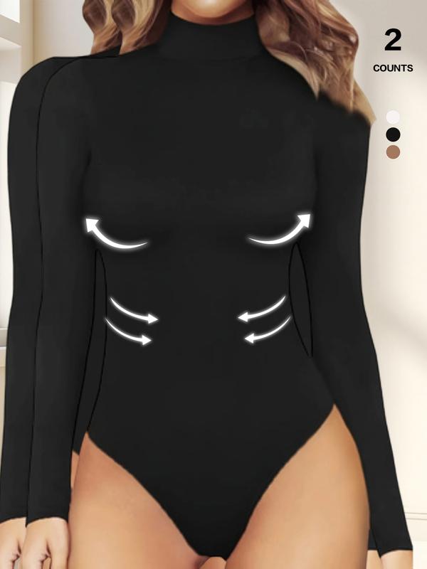 Women's Tummy Control Mock Neck Bodysuit, Long Sleeve Stretchy Slim Fit Jumpsuit, Elegant Body Shaper Top, Casual Lounge Leotard